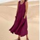 thumbnail image 2 of Vestido largo sin mangas de lino para mujer: vestido informal con cuello redondo y bolsillos, poliéster/spandex, tallas S-XXL., 2 of 6