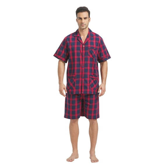 Men Cotton Pajama Shorts For Men Lightweight Plaid Soft Nightwear Short Sleeves PJS With Pockets