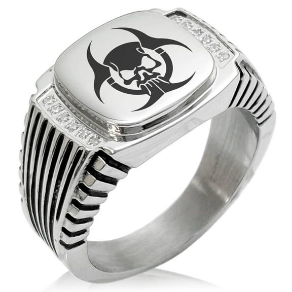 Stainless Steel Zombie Skull Biohazard CZ Ribbed Needle Stripe Pattern Biker Style Polished Ring
