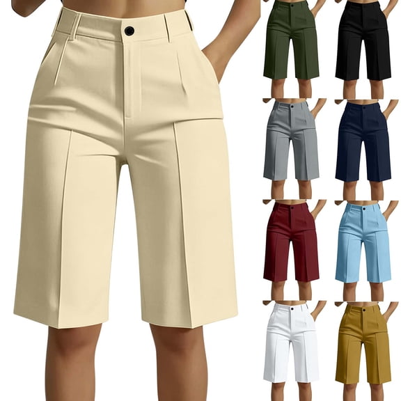 Betivan Bermuda Shorts for Women Summer Dressy Casual Elastic High Waisted Wide Leg Knee Length Shorts with Pockets