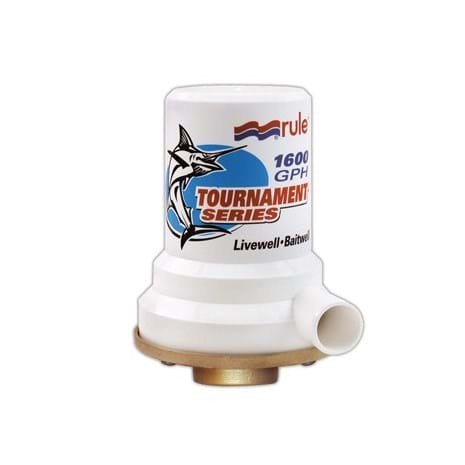Rule Livewell /Baitwell Pump 209B Livewell /Baitwell Pump; Tournament Series; 1600 Gallon Per Hour; 1 Inch NPT Inlet x 1-1/8 Inch Discharge; 12 Volt DC