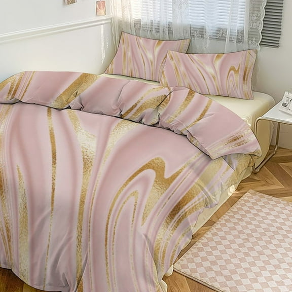 Pink Gilded Gold Duvet Cover Set Themed Multicolor Polyester Bedding Set for Bedroom Decoration