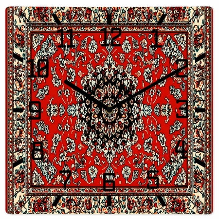 Red Bohemian Wooden Wall Clock Silent Non Ticking, Boho Flower Abstract Modern Retro Art Square Wall Clocks Battery Operated, Decor Clock for Home Office, Living Room, Kitchen, 10 Inch