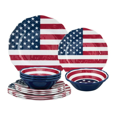 

Gourmet Art 12-Piece American Flag Heavyweight and Durable Melamine Dinnerware Set Service for 4. Includes Dinner Plates Salad Plates and Bowls. for Indoors Outdoors Use and Everyday Use.