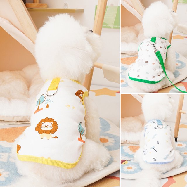 LiMimmuu Pet Vest Pet T-shirt Exquisite Hemming Pet Dog Pullover Set 1 Set Vest Exquisite Hemming Round Neck Soft Comfortable Cartoon Pattern Pet Dog Pullover with Traction Rope Pet Supplies Dog