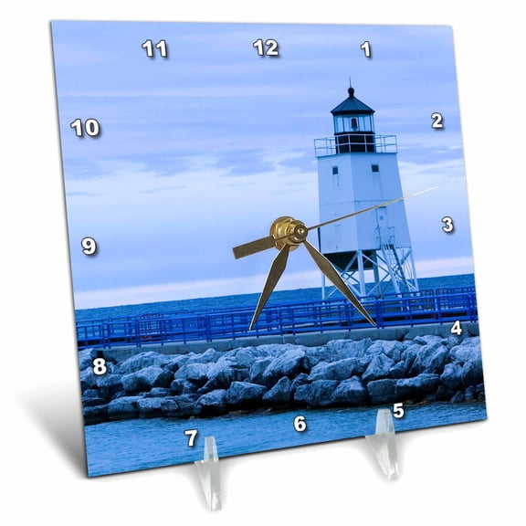 3dRose, Michigan, Lake Michigan, Charlevoix Lighthouse - US23 WBI0323 - Walter Bibikow, 6x6 Desk Clock