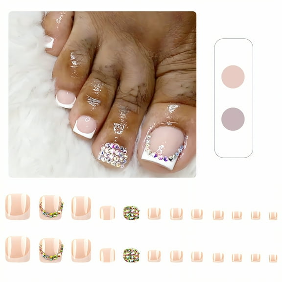 RAGUPEL 24Pcs Toe Press on Nails French Style Curve Locks Edge Nails Press Ons Short with Rhinestones Cute Nails with Comes with Jelly Glue for Women Style1