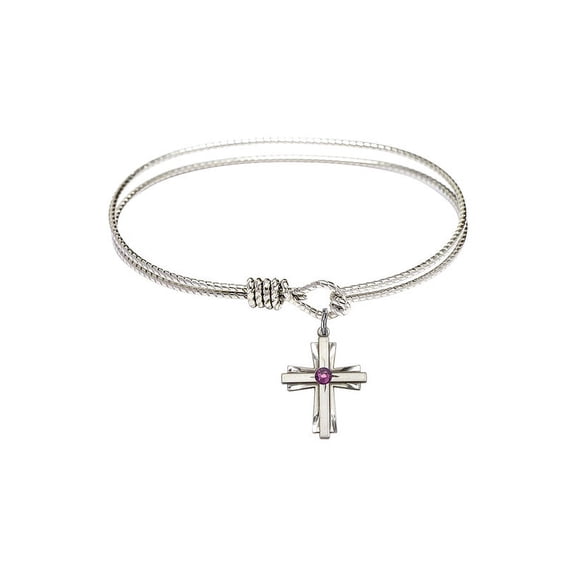 6 1/4 inch Oval Eye Hook Bangle Bracelet w/ Cross medal charm w/ February Purple Swarovski Crystal