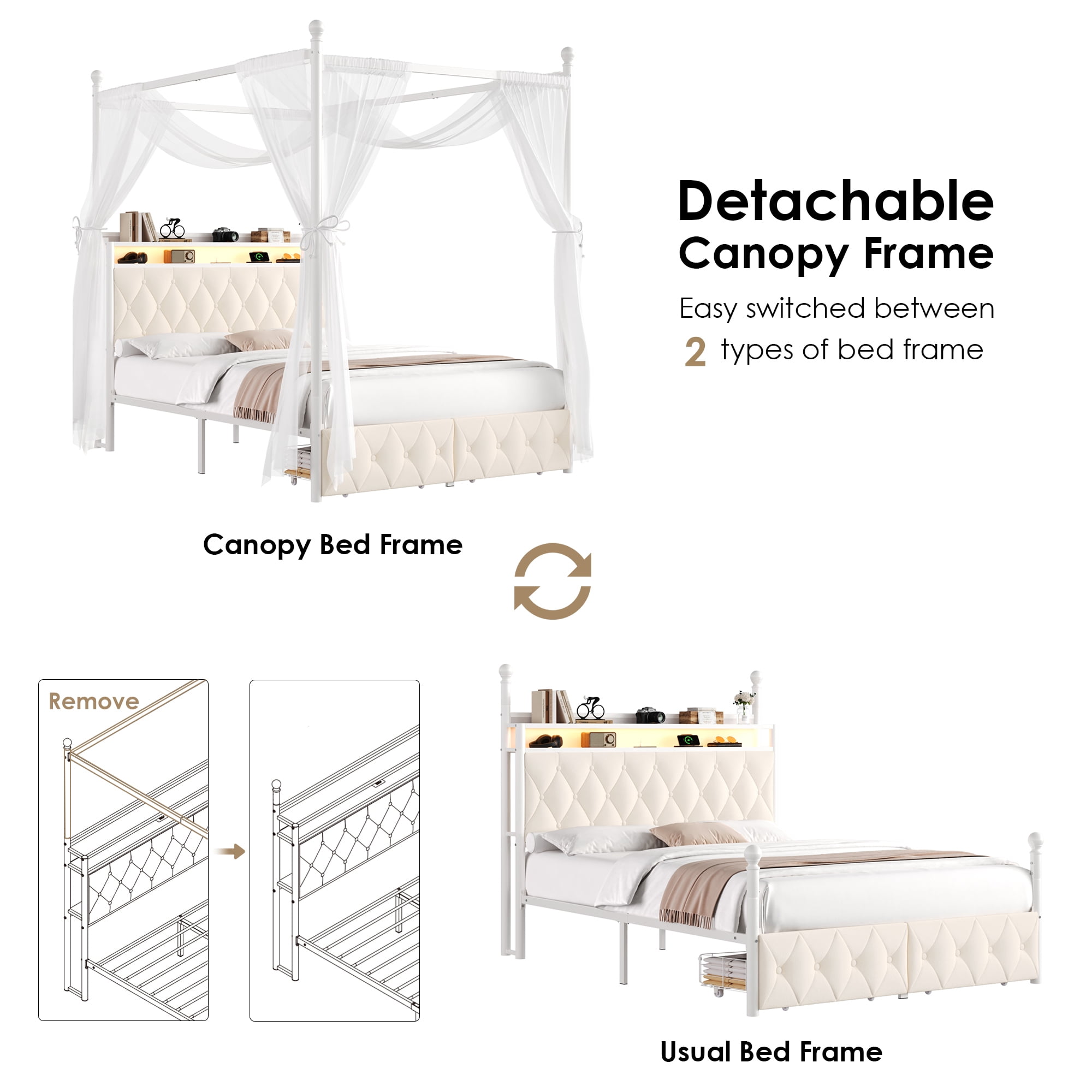 Hiphuta Full Size Upholstered Canopy Bed with Charging Station & Storage Drawer,Button Tufted Headboard with LED Light, Full Bed Frames, Beige