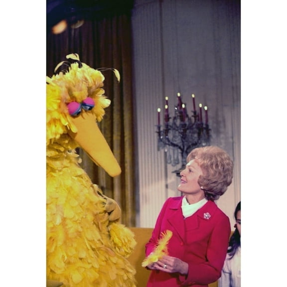 First Lady Pat Nixon Meeting With Big Bird From Sesame Street In The White House. Ca. 1969-74. History