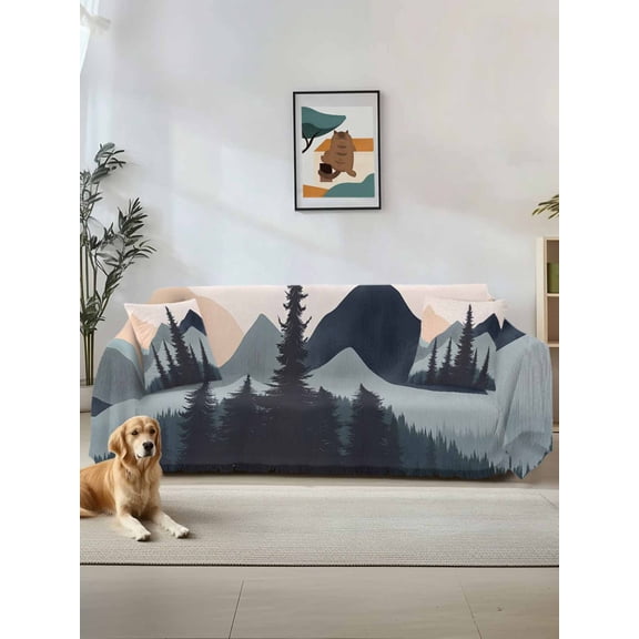 Mountain Forest Couch Cover for 2 Cushion Couch, Nature Tree Scenery Watercolor Pink Blue Washable Love Seat Sofa Covers Slipcover, Throw Sofa Covers for Pets, Furniture Protector 71"x102"