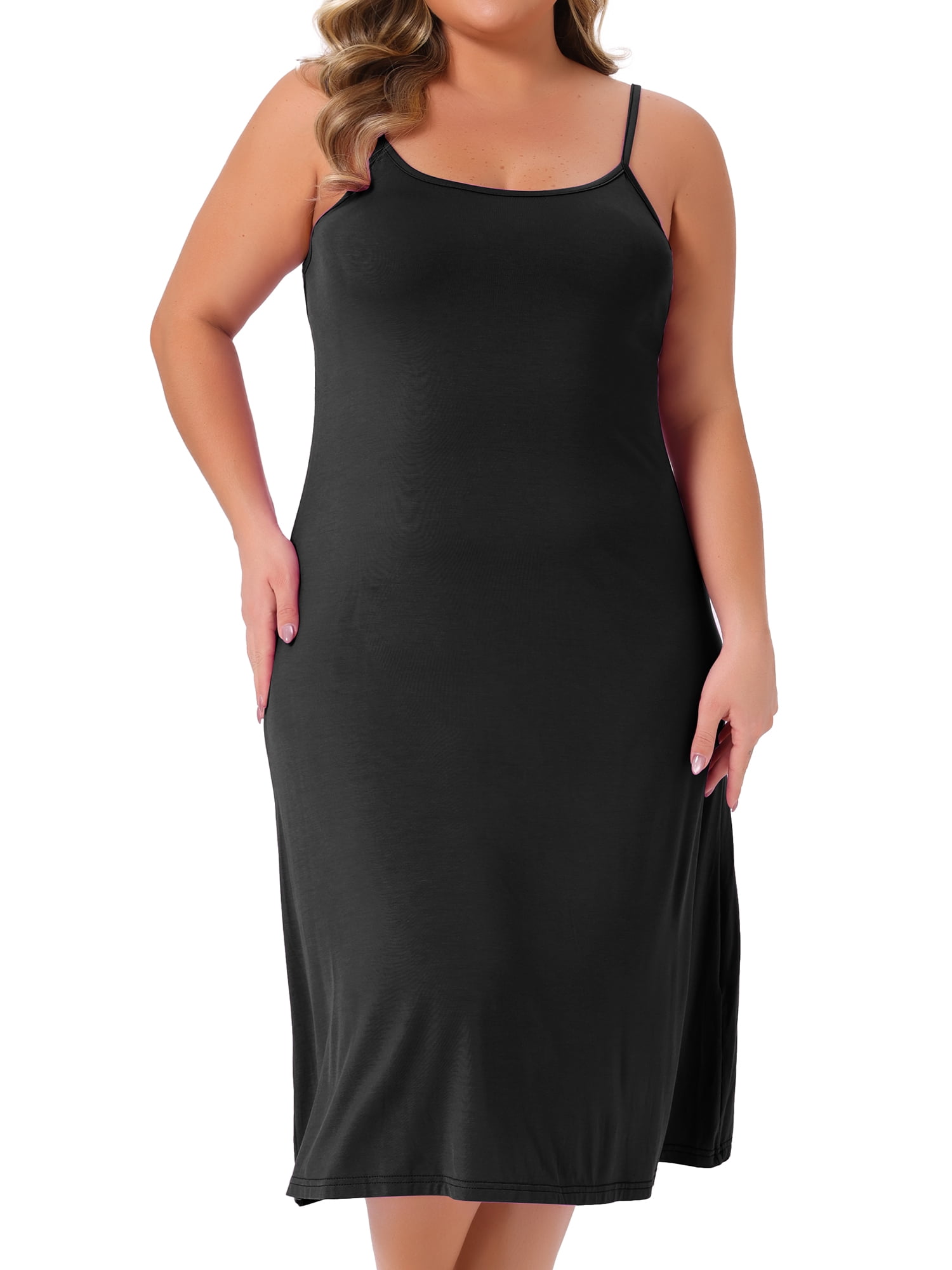 DARING DIVA Women's Plus Size Spaghetti Strap Full Slip Midi Nightgown 2X Black