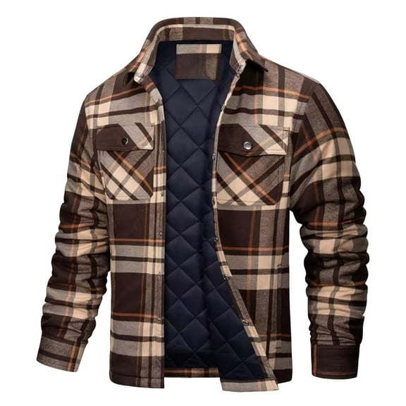 Mens Flannel Shirt Jacket Quilted Lined Plaid Jackets Long Sleeve Button Down Thick Jacket Warm Winter Coat Outwear