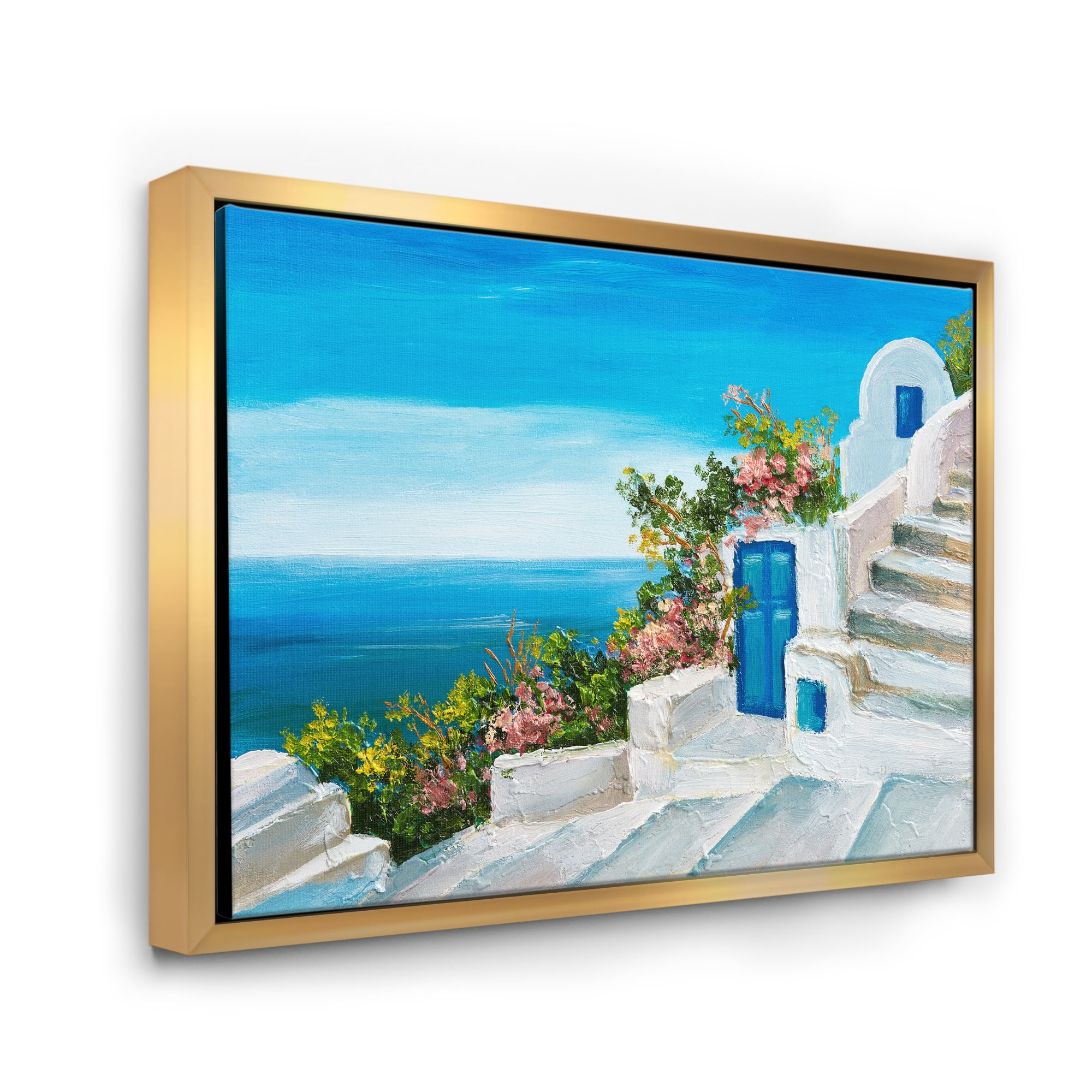 Designart 'House With Colorful Flowers Near The Sea IV' Nautical & Coastal Framed Canvas Wall Art Print