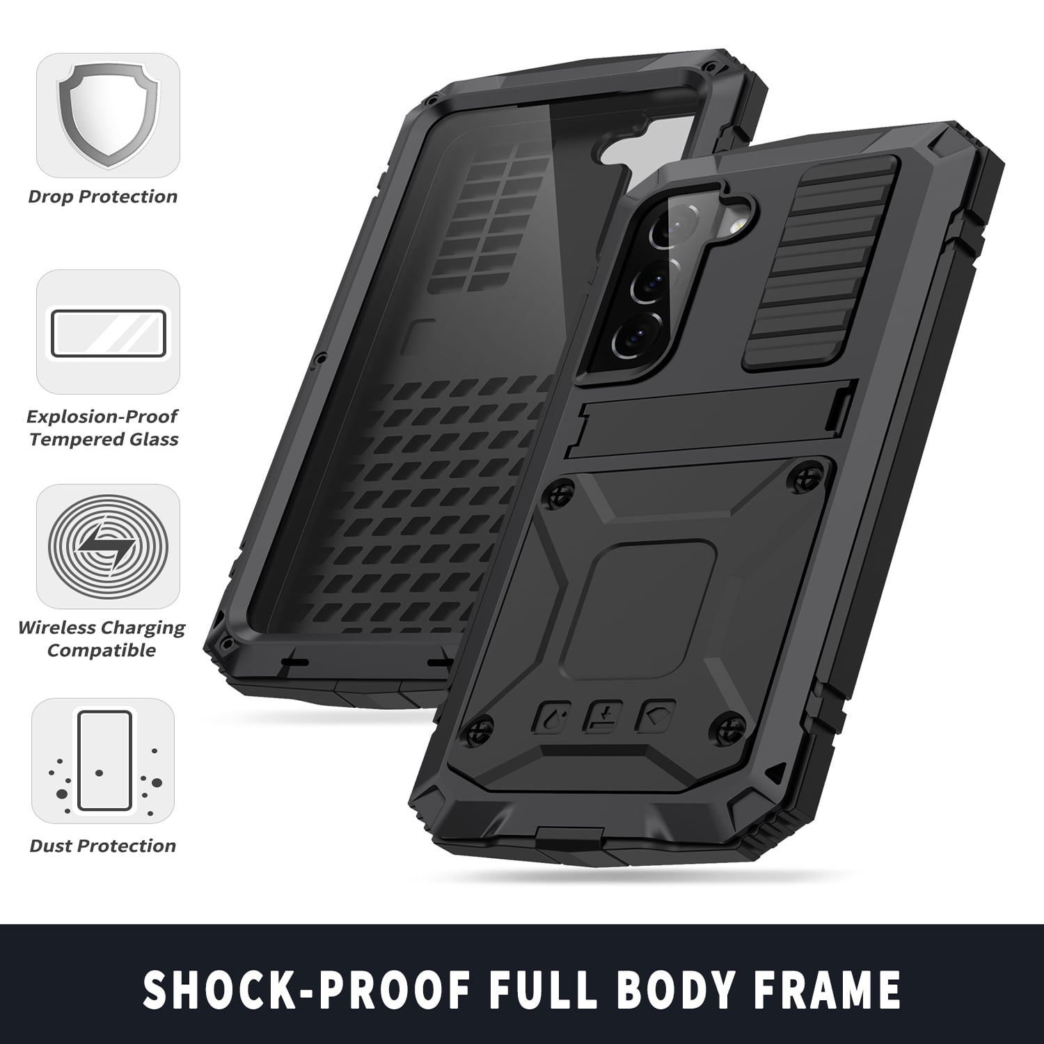 Samsung S21 FE Rugged Full-Body Case, Metal Bumper Built-in Screen Protector&Kickstand,Dustproof Drop-Proof,Full Body Protection Heavy Duty Rugged Military Cover For Samsung Galaxy S21 FE, Black