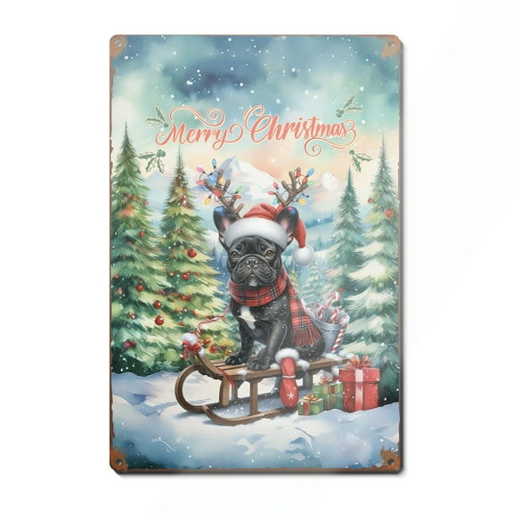 Merry Christmas Santa Reindeer Antlers French Bulldog Sleigh Xmas Winter Holiday Vertical Metal Aluminum Sign Dog Lover Gifts Wall Art Home Decor - 00023