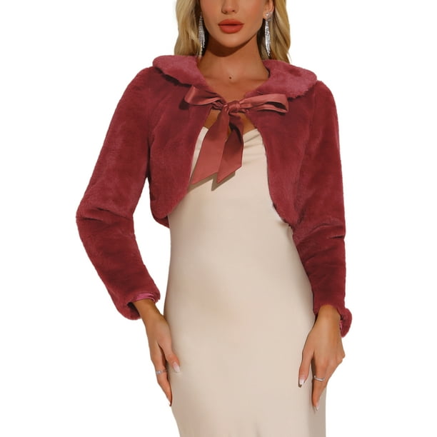 CHAQUETA CROP DE FALSO PELO PARA MUJER INSPIRADA EN CHIC, CON LAZO EN LA PARTE DELANTERA, ABRIGO FLUFFY EN ROJO VINO