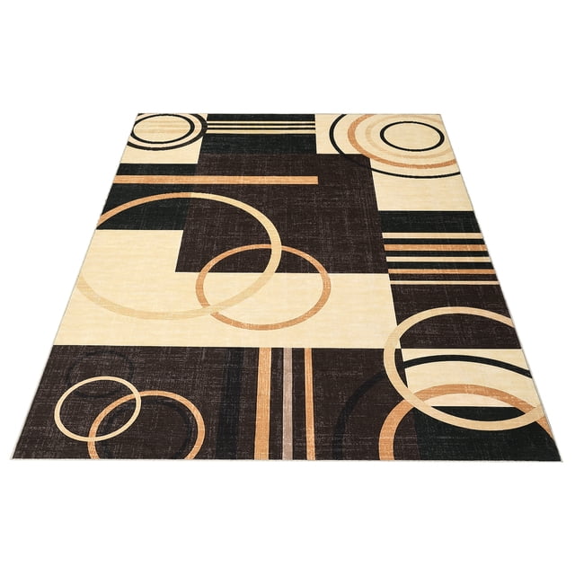 Washable Area Rug 9x12ft – Soft Non-Slip Low Pile Carpet with Modern Geometric Design, Brown – Stain-Resistant Rug for Living Room, Bedroom and Dining Room