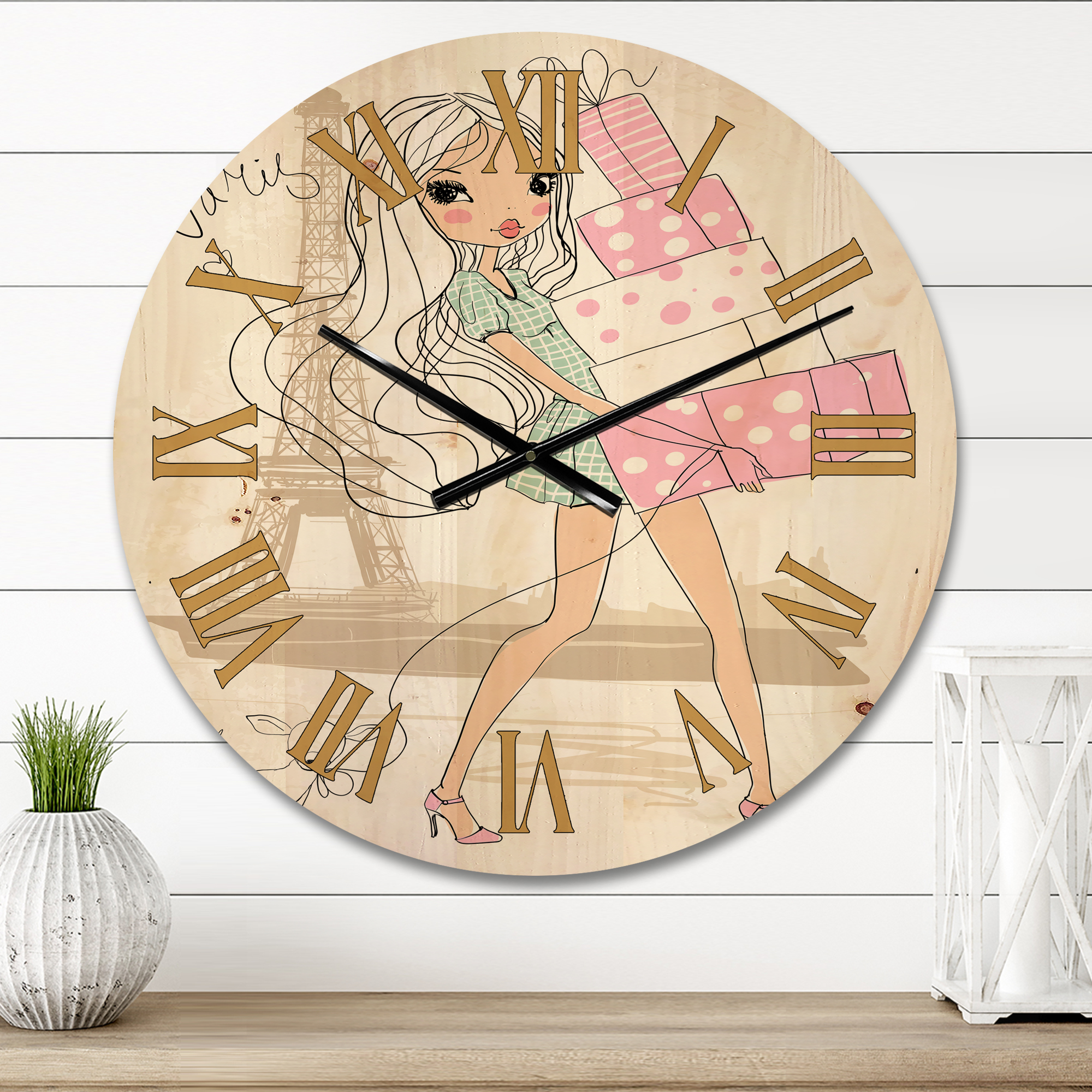Designart 'Young Woman With Shopping Boxes In Paris' Shabby Chic Wood Wall Clock