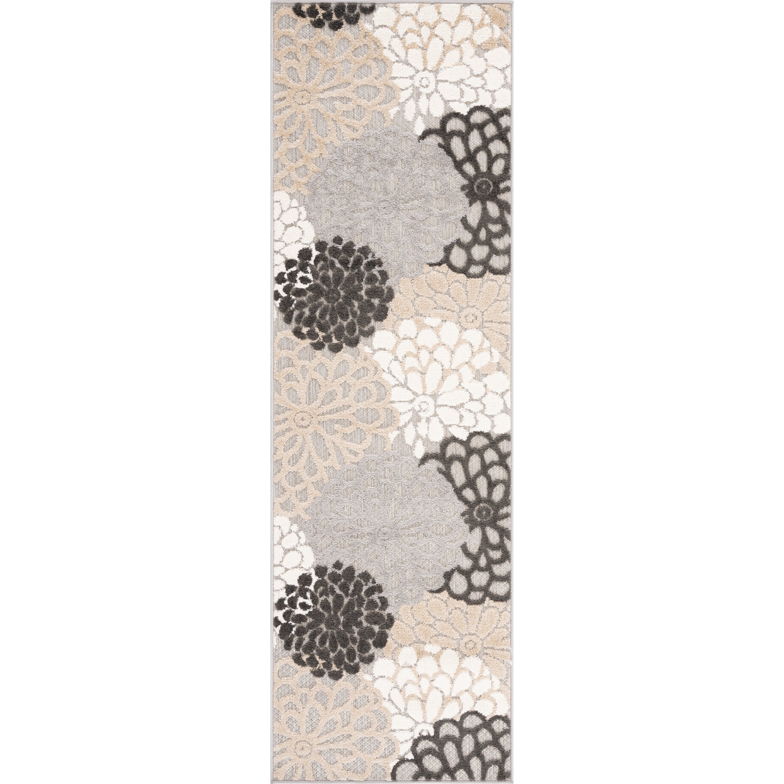 Oasis Modern Floral Beige and Cream Polypropylene Indoor Outdoor Runner Rug, 2'x8' Rectangle
