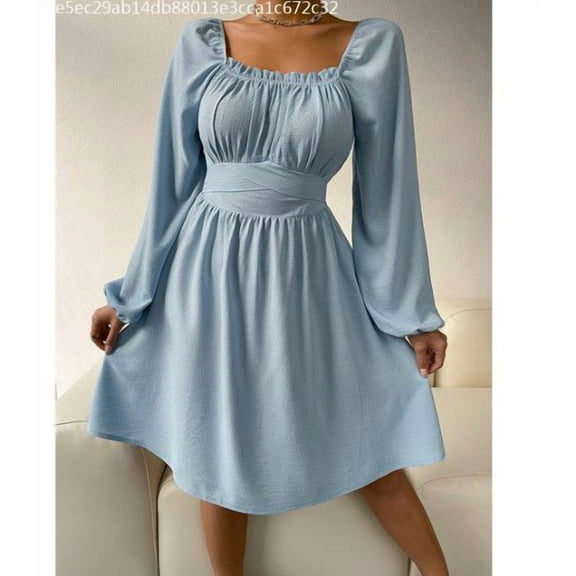 SEARIPE Women's Long Sleeve Plain Square Neck Ruched High Waist Dress Lace-up Casual Elegant Midi Dresses White L