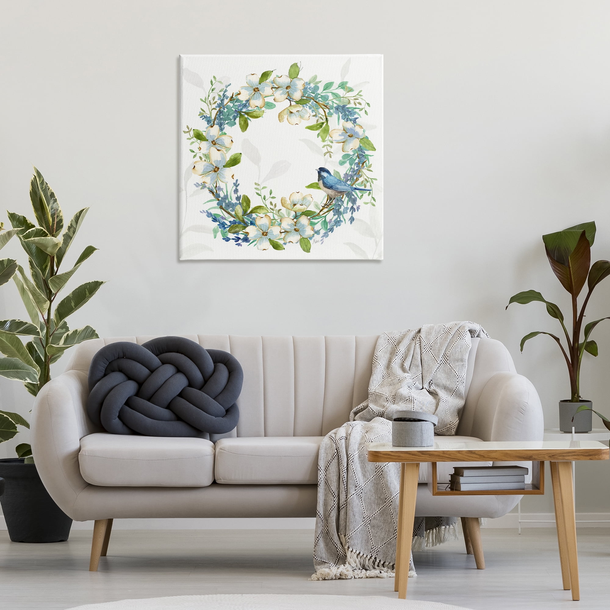 Stupell Industries Dogwood Wreath & Bluebirds Plants & Flowers Painting Wrapped Canvas Art Print Wall Art, 30 x 30
