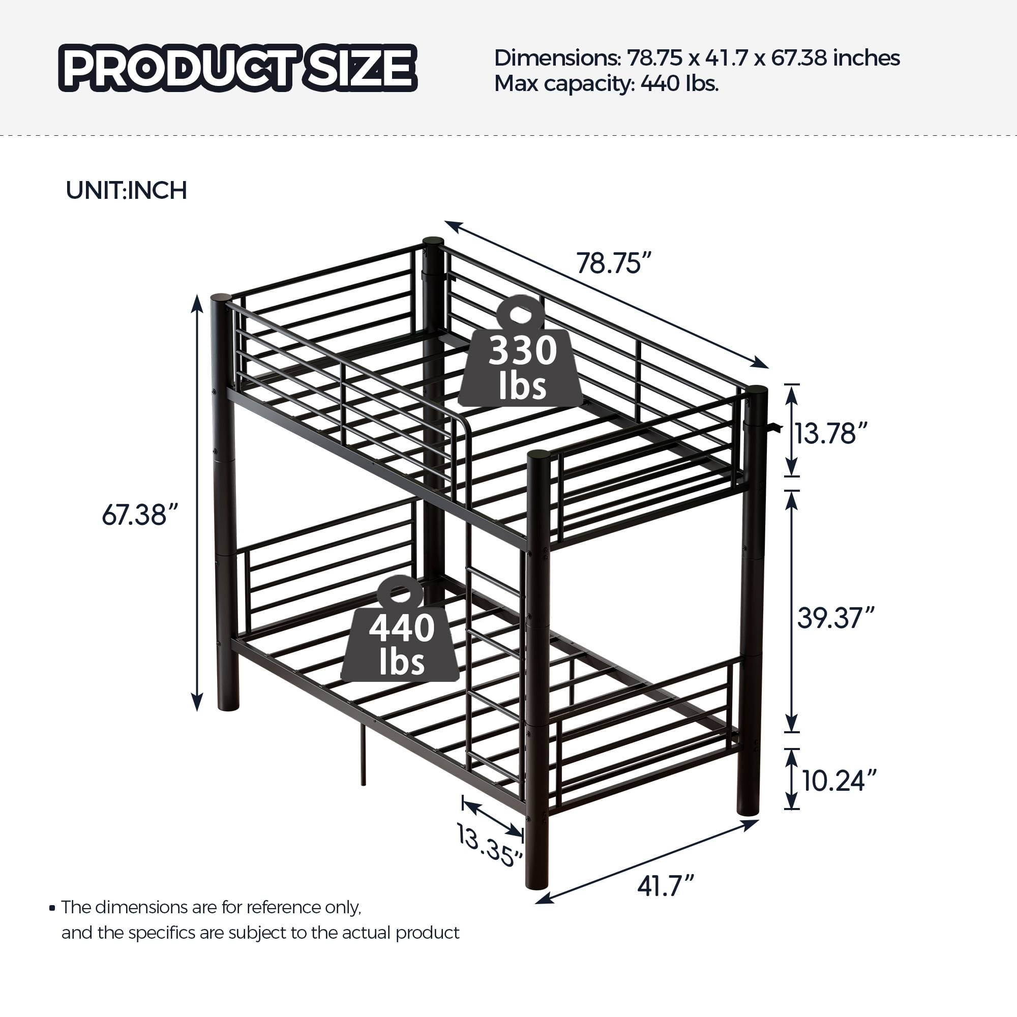 Alvantor Convertible Twin over Twin Metal Bunk Bed with 2" Steel Tube Frame, Black