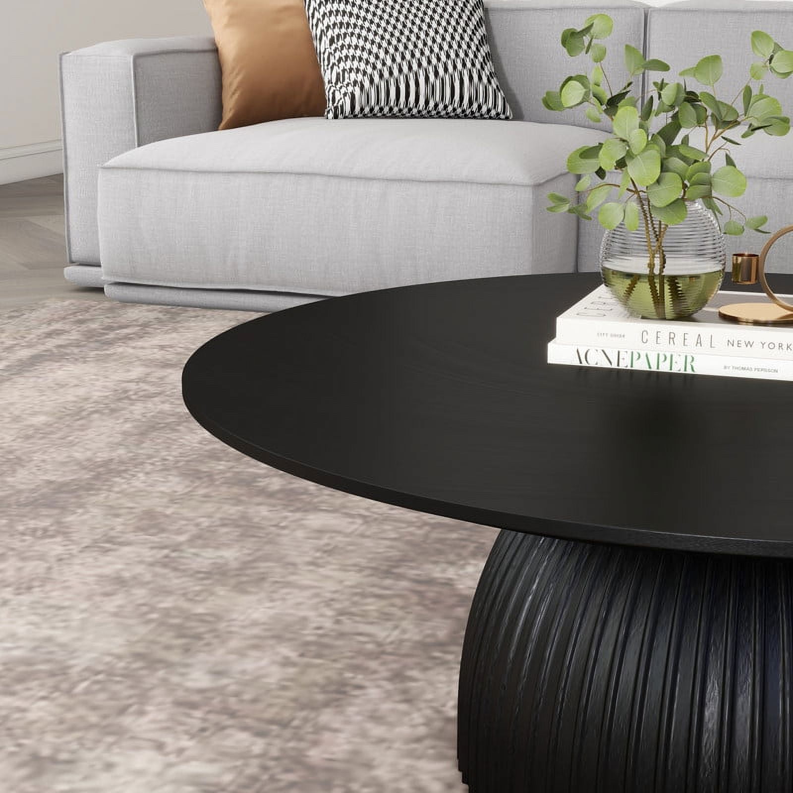 SHYFOY Round Solid Wood Coffee Table Black Pedestal Center Table for Living Room Furniture
