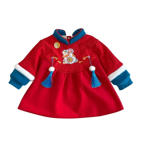 

koaiezne Baby Girl Bunny Calendar Chinese New Year Tang Suit Princess Dress Red Long Sleeve Lined Winter Warm Dresses Outfits Floral Mini Dress Girls Dress Booties