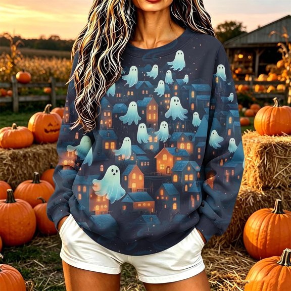 VKOYWKM Womens Sweatshirt Halloween Spooky Ghost Pumpkin Graphic Sweatshirt Crewneck Long Sleeve Fall Sweatshirt Casual Holiday Party Pullover