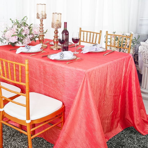 Wedding Linens Inc. 90"x132" Rectangular Seamless Crushed Crinkle Taffeta Tablecloth - Coral