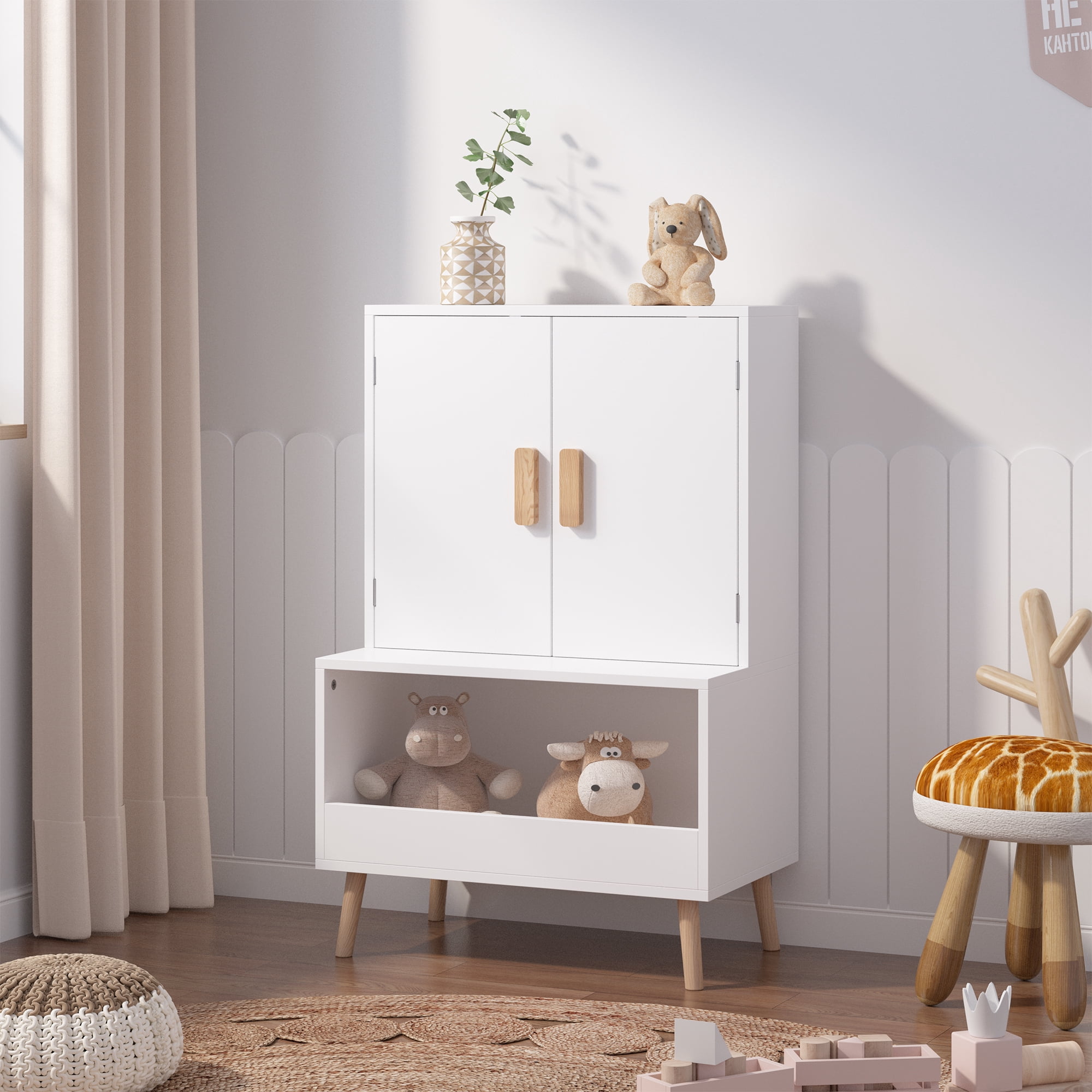 Yoneston Kids Storage Cabinet with Doors and Open Shelf, Modern Toddler Wardrobe Toys Organizer Cabinet for Nursery, Playroom, Bedroom, White