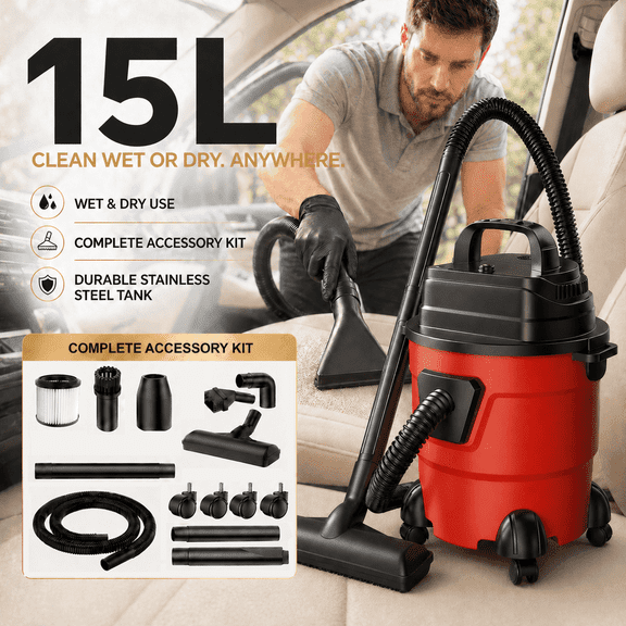 V18000PA Commercial Vacuum Cleaner - 2 Peak HP Suction Power - Lightweight 3-In-1 Wet And Dry Vacuum with Blower Function - Ideal for Cleaning Cars, Boats, Pet Hair, And Hard Floors