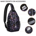 thumbnail image 2 of Sling Backpack,Purple Halloween Ghost Pumpkin Skull Pattern Sling Bag with Water Bottle Holder,Waterproof Sling Bag for Men/Women with Headphone Jack for Hiking,Travel, 2 of 6