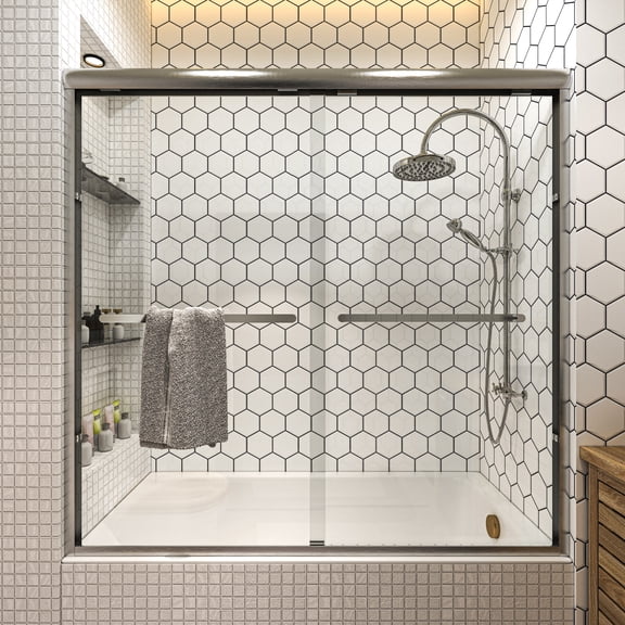 56 to 60 in. W x 58 in. H Framed Pivot Shower Door in Brushed Nickel with Clear Glass