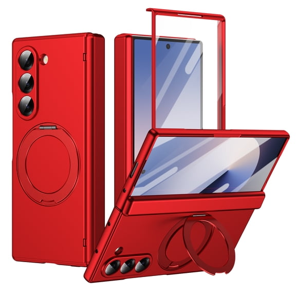Dteck Magnetic Phone Case for Samsung Galaxy Z Fold 6, Hinge Protection with Built-in Screen Protector, 360° Rotating Kickstand,Red