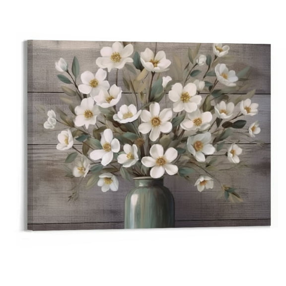 Creowell Flower Pictures Wall Decor for Bedroom Vintage White Magnolia in Green Bottle Canvas Prints Yellow Flower Floral Wall Art Sage Green Decor - 20x16 Inches