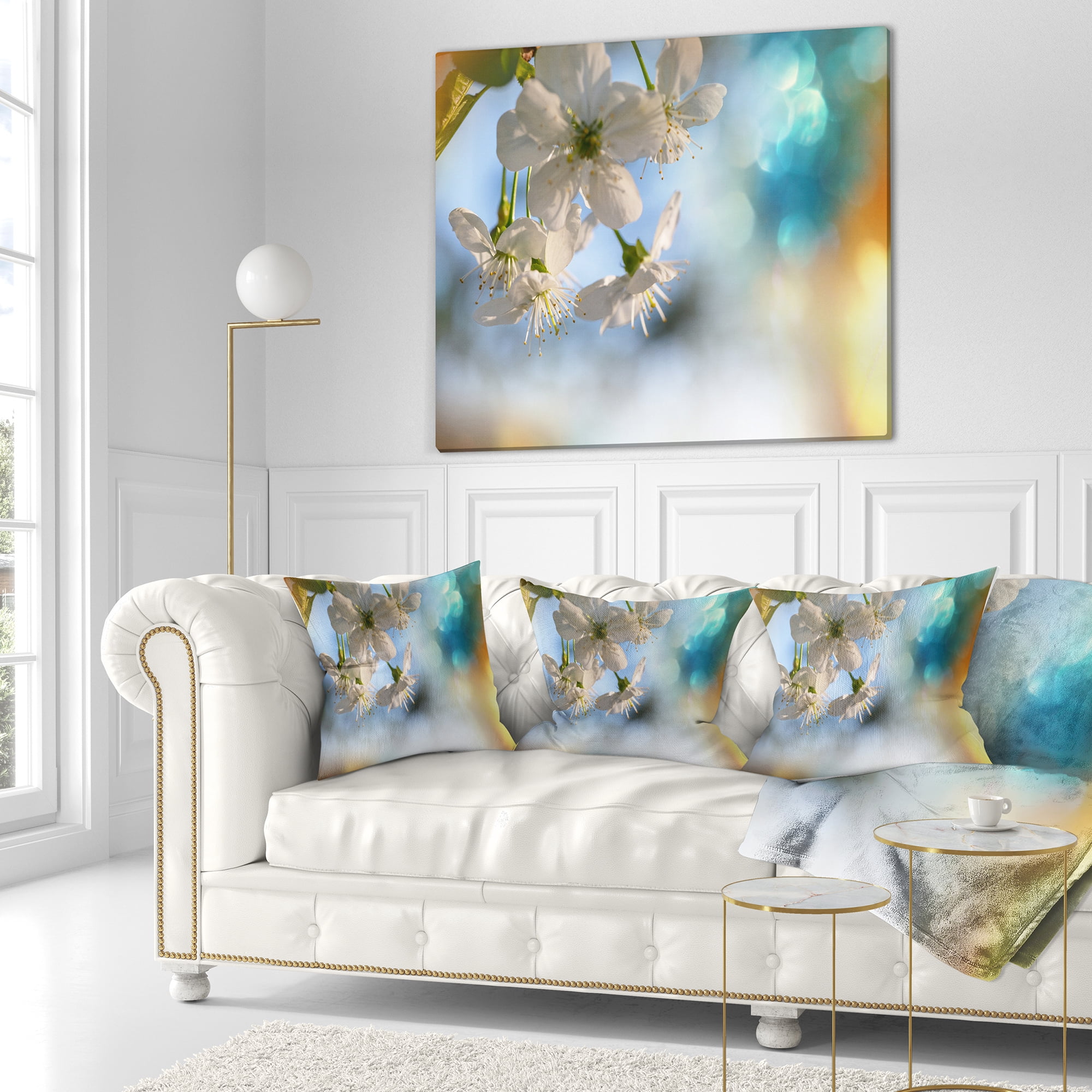 Designart White Blossoming Cherry Tree - Floral Throw Pillow - 16x16