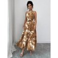 thumbnail image 7 of Khaki Watercolor Floral Print Halter Neck Smocked Waist A-Line Maxi Dress For Women, 7 of 7