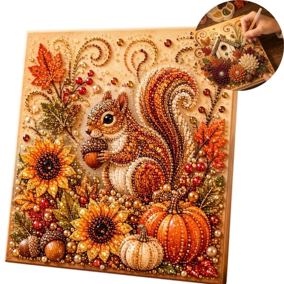 Autumn Diamond Art Kits for Adults,Fall Animal & Pumpkins Bead Crafts Home Decor, 3D Sparkling Animals Artwork with Frame Seasonal Wall Art Beginner DIY Party Gift