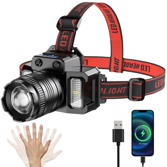 Skdwakiz Rechargeable LED Headlamp Flashlight with COB Side Light, 5 Modes Hands-Free Head Lamp with Adjustable Focus | Motion Sensor | Power Bank Function for Camping, Hiking, Repair