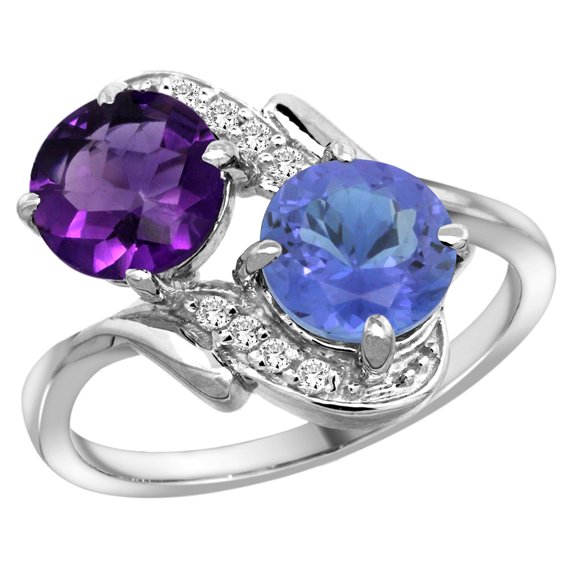 14k White Gold Diamond Natural Amethyst & Tanzanite Mother's Ring Round 7mm, size 5.5