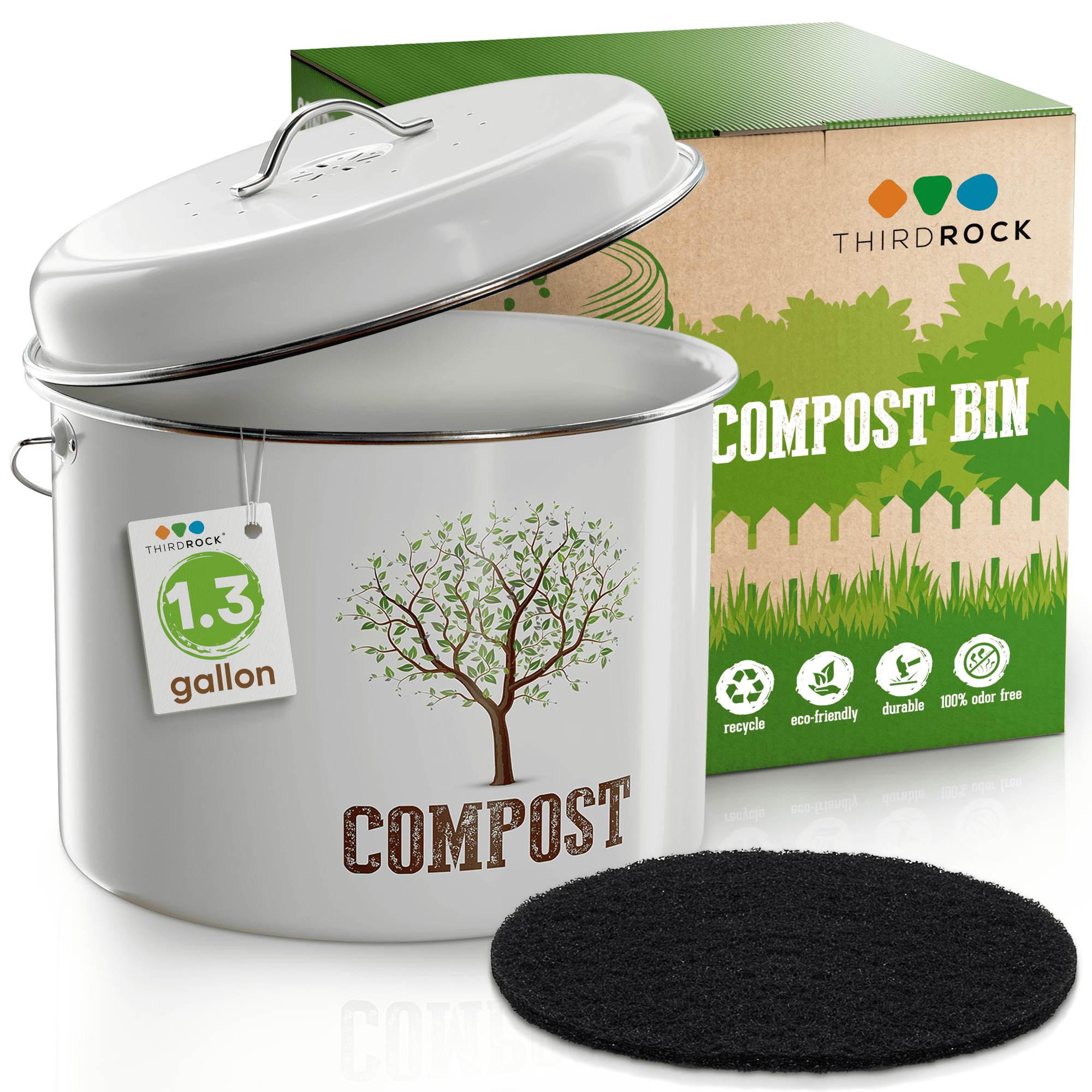 White Ceramic Compost Bin Bucket ~ Compact Kitchen Countertop w/Charcoal Filter 