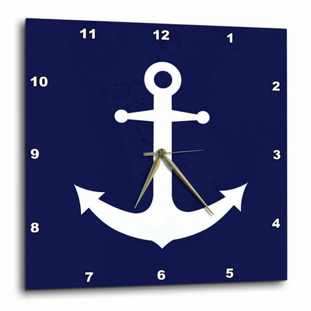 Anchor Nautical Clock - 3dRose Navy Blue and White Nautical Anchor Design, Wall Clock, 10 by 10-inch
