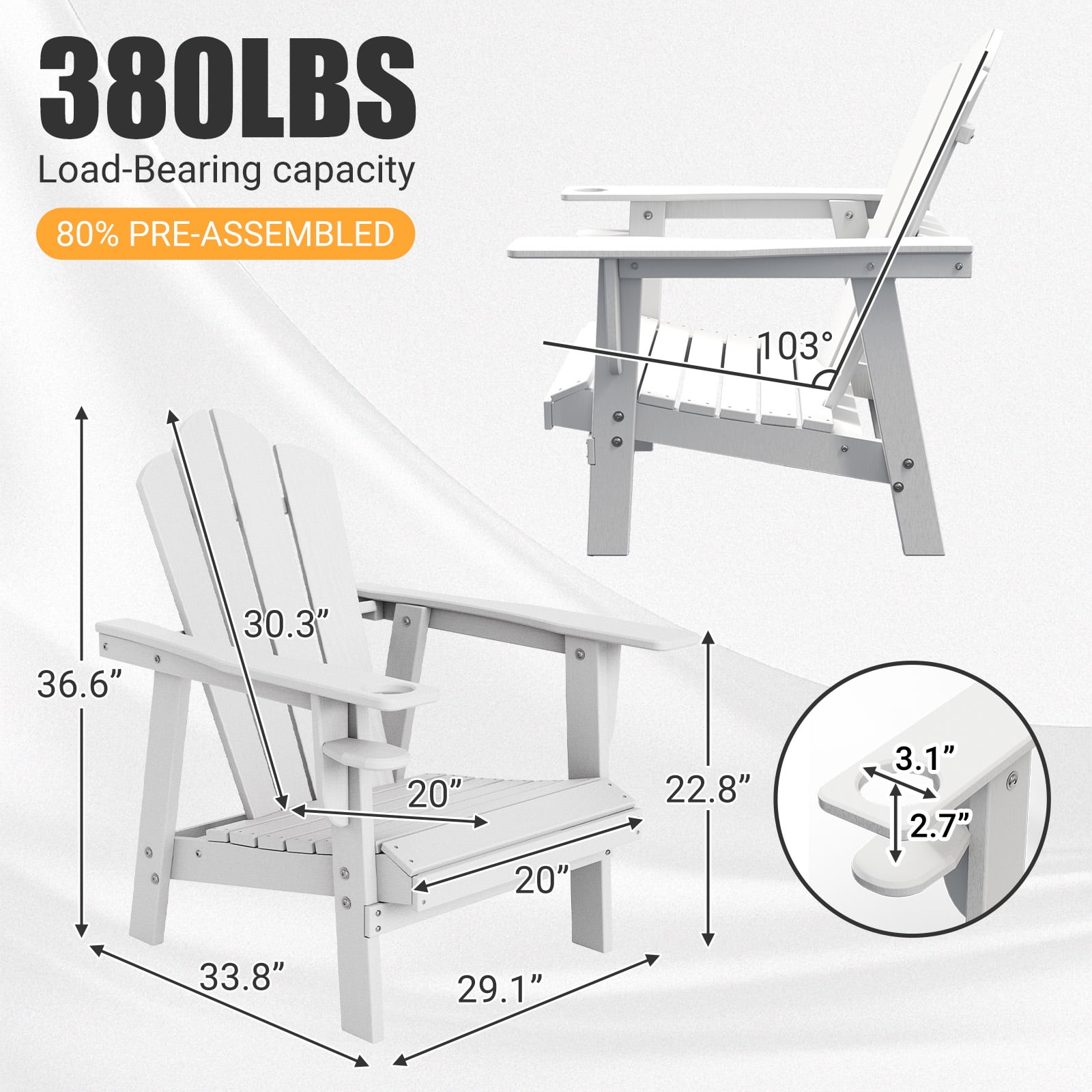 Tappio HDPE Adirondack Chair, Patio Seat All Weather Outdoor Patio Chair with Cup Holder for Lawn Yard Fire Pit, White