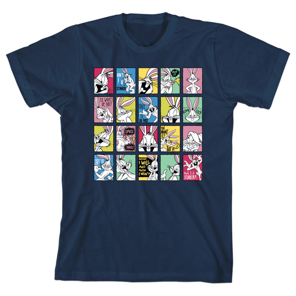 Looney Tunes Cartoon Bugs Bunny Faces Color Block Youth Boys Navy Tee-M