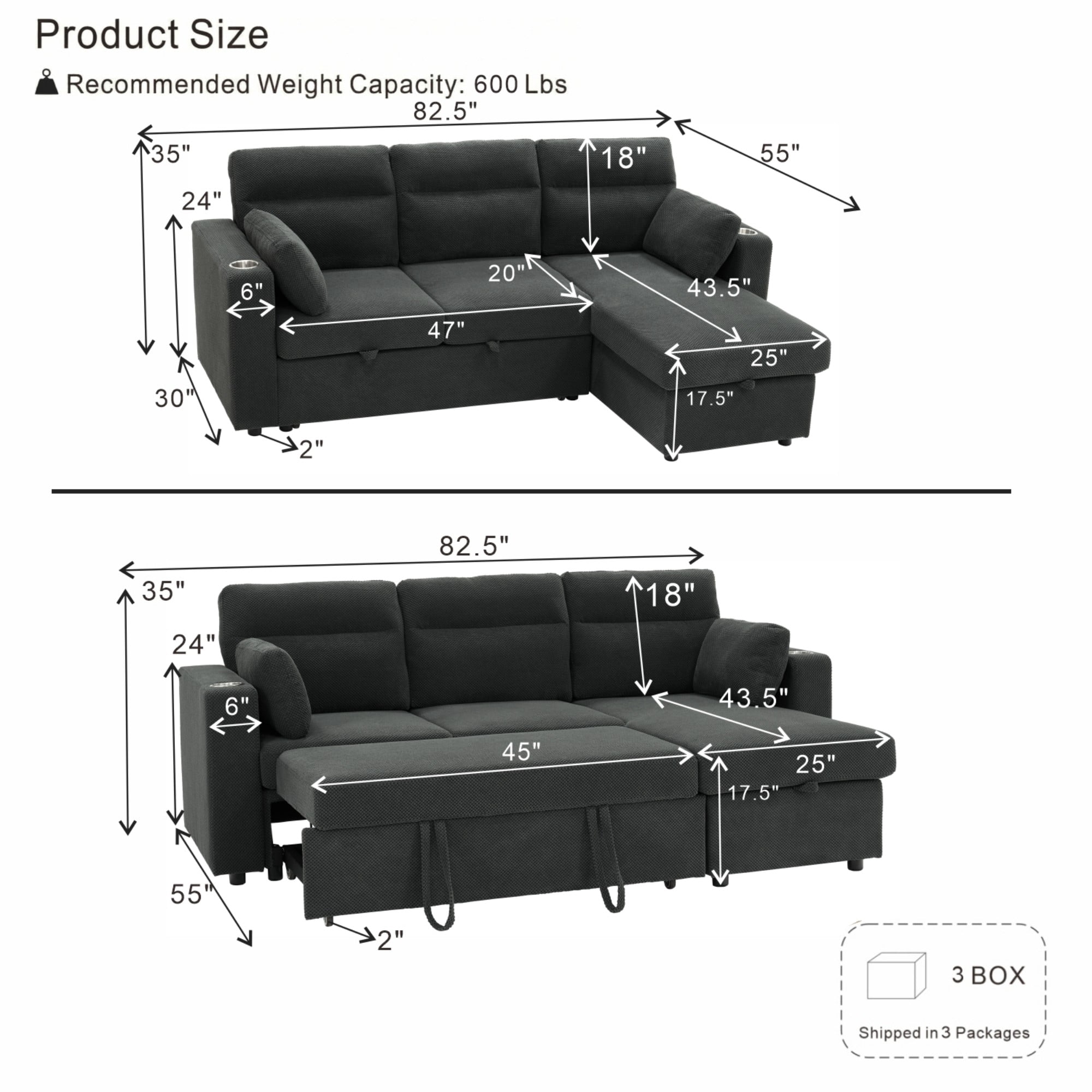 BSHTI 82.5" Foil Fabric L-Shaped Pull-Out Sectional Sofa Bed with Storage Chaise, Cup Holders for Living Room(Dark Gray)