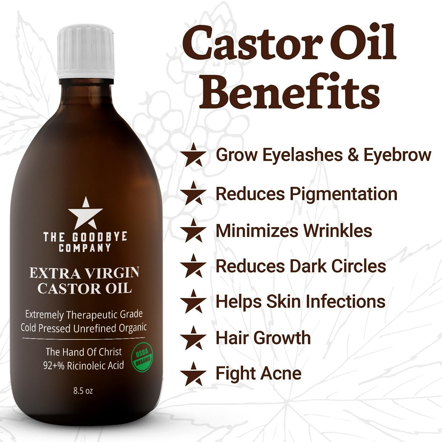 The Goodbye Company Organic Castor Oil 8.5 Fl Oz Cold-Pressed in Glass Bottle for Hair, Skin & Lashes