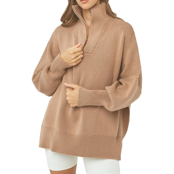 Women Long Sleeve Zip Pullover Oversized Slouchy Ribbed Knit Sweatshirt Tunic Sweater with Slit