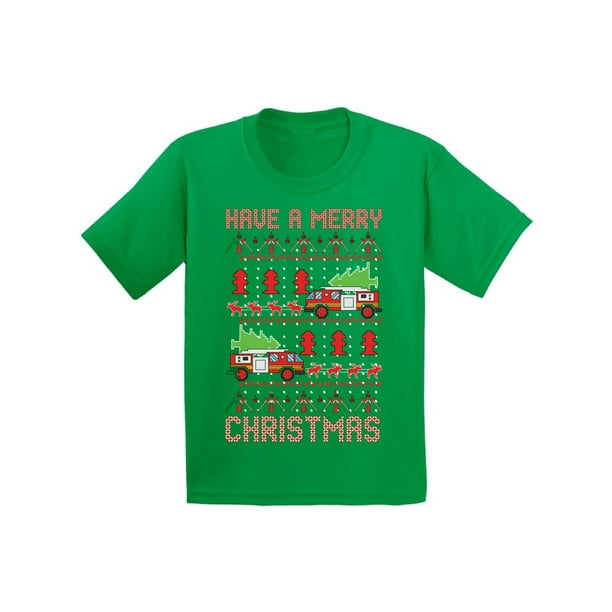 Awkward Styles Awkward Styles Fire Truck Christmas Shirt For Kids Ugly Christmas T Shirt Firefighter Youth Shirt For Xmas Funny Christmas Gifts For Kids Holiday Tshirt Christmas Shirts For Boys And